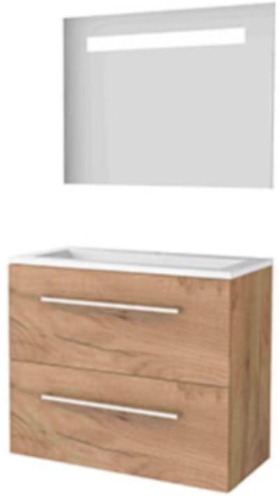 Basic-Line Economic 39 Badkamermeubelset - Ondiep - 80 x 39 cm - Met Grepen - 2 Lades - Acryl Wastafel - 1 Kraangat - Spiegel met LED Verlichting - Whisky Oak