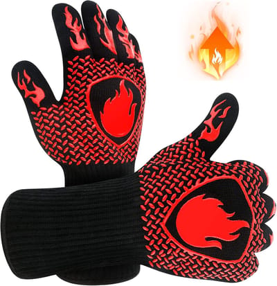 BBQ Handschoenen - Hittebestendig tot 800°C - 34.5 cm Lang - Ovenhandschoenen - Vaderdagcadeau - 15 cm Verlengde Mouw - Zwart/Rood