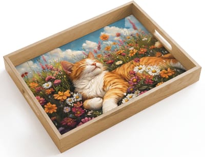 Dienblad hout 40x30 cm - Schootdienblad - Kat - Bloemen - Ontspannen - Borrelplank rechthoek - Plateau dienbladen