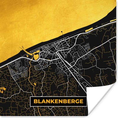 Poster Stadskaart - Gold - Blankenberge - Plattegrond - Kaart - 100x100 cm XXL