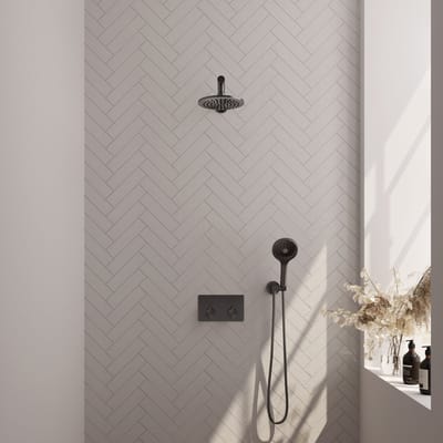 Brauer Gunmetal Carving thermostatische inbouw regendouche met drukknoppen SET 55 met 20 cm douchekop en rechte muurarm en 3-standen handdouche en doucheslang en wandaansluitbocht gunmetal geborsteld PVD