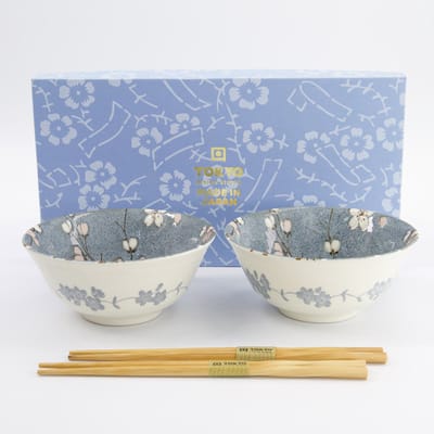 Tokyo Design Studio – Fujisakura – Tayo Kom Geschenkset 2 stuks met eetstokjes – 15,2×6,7 cm – 500 ml – Grijs