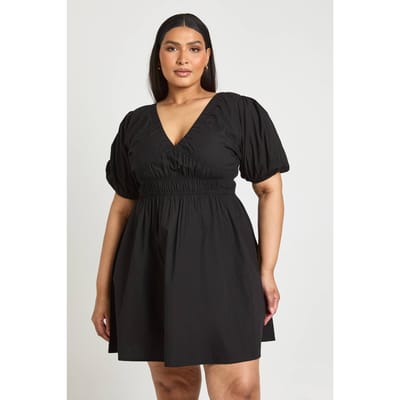 boohoo Dames Plus Mini-jurk Met Ballonmouwen Van Popeline | Zwart | Maat: 44