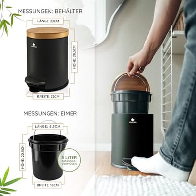 Vuilnisemmer badkamer zwart - Cosmetica-emmer met bamboe houten deksel - Softclose mechanisme - Pedaalemmer van roestvrij staal
