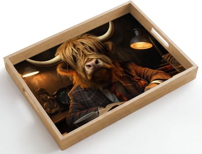 Dienblad hout 50x35 cm - Schootdienblad - Schotse hooglander - Dier - Pak - Bureau - Borrelplank rechthoek - Plateau dienbladen