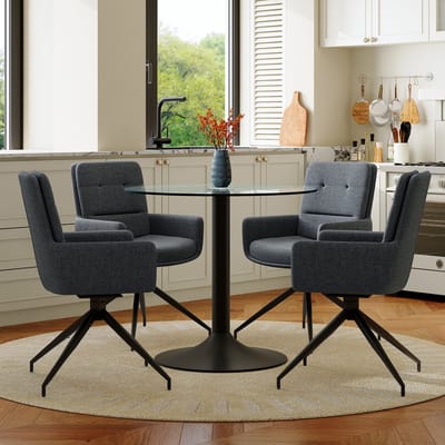 MIVRAY Eettafelset 85 Cm - Ronde Glazen Tafel Met 4 Draaibare Eetkamerstoelen - Voor Eetkamer Of Horecaruimte - Zwart Donkergrijs