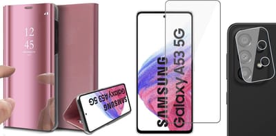 Hoesje geschikt voor Samsung Galaxy A53 - Book Case Spiegel Wallet Cover Hoes Roségoud - Tempered Glass Screenprotector - Camera Lens Protector