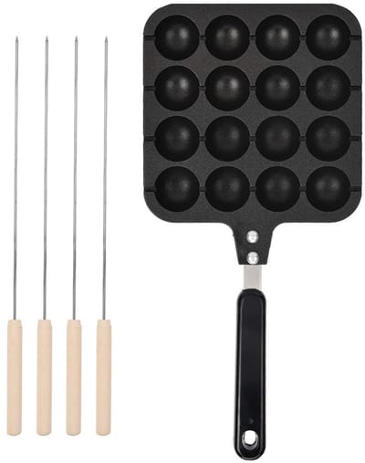 Dailygoods- Takoyaki-pan antiaanbak - Grillplaat - Bakvorm met 4 baknaalden - Gegoten aluminium - Wanddikte 2 cm - Totale lengte 32,5 cm - Grillpan