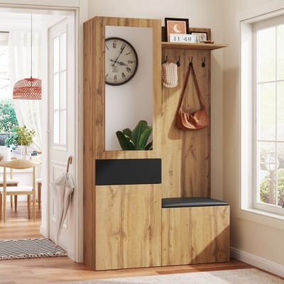 DESMIU Garderobeset - Met Spiegel En Schoenopberging - Voor Hal En Entree Met Zitbank En 5 Haken - MDF - 98,5x38x191 Cm - Zwart Naturel
