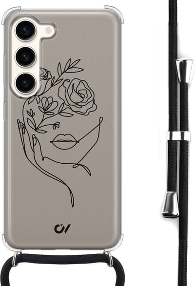 Telefoonhoesje met koord geschikt voor Samsung S23 - Oneline Face Flower - Inclusief koord - Transparant, Bruin - - Crossbody beschermhoes - Met Telefoonketting