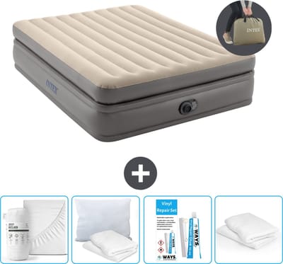 Intex Luchtbed - 2-Persoons - 152 x 203 x 51 cm - Grijs - Inclusief pomp - Hoeslaken - Kussen - Reparatieset en Kussenbeschermer