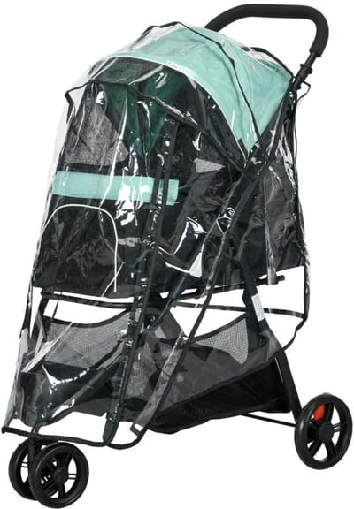 Vouwbare hondenbuggy met treklijnen, grote opbergmand, regenhoes en 2 bekerhouders Stevige structuur en duurzame frame Geschikt voor honden tot 10 kg 80,5x51,5x100 cm Blauw-groen