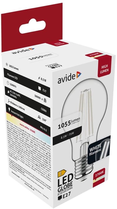 Avide E27 LED Filament Lamp 8.5W - 1055lm - 2700K - Extra Warm Wit - LED Globe A60 - Vervangt 75W Gloeilamp