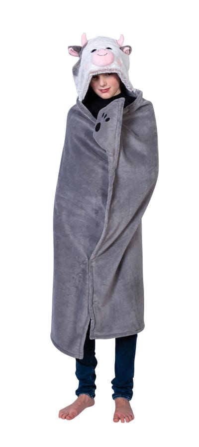 Noxxiez knuffeldeken koe fleece hoodie 130x100cm voor kinderen.