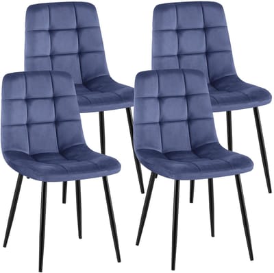 CLP Antibes Set van 4 Eetkamerstoelen - Zonder armleuning - Metaal frame - Velvet - Fluweel/blauw