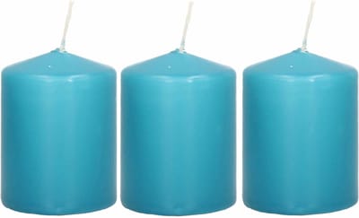 Trend Candles Cilinderkaars/stompkaars - 3x - turquoise - 6 x 8 cm - 29 branduren - met brandvertragende folie