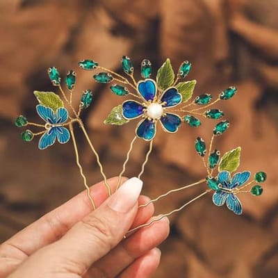 Barok Bruiloft Haarspelden met Groene Bloem en Vlinder Bladeren - Set van 3 voor Bruidsmeisjes