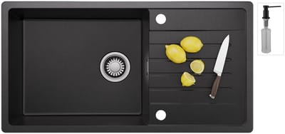 CECIPA max Spoelbak Met Kraangat - Granieten Keuken 86x45CM - Spoelbak Keuken Met Zeepdispenser - Met Afdruiprek en Waterafvoersysteem - 80% Kwarts Zand Spoelbak Keuken - Zwart