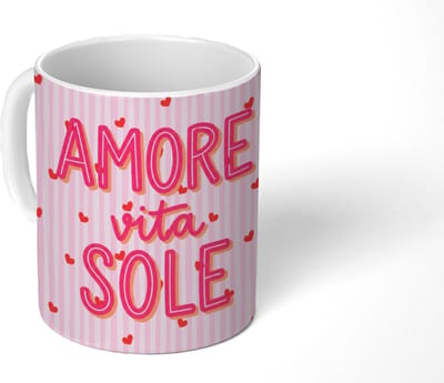 Mok - Koffiemok - Amore vita sole - Roze - Hartjes - Mokken - 350 ML - Beker - Koffiemokken - Theemok - Mok met Tekst