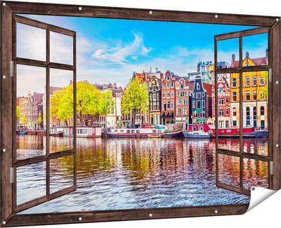 Gards Tuinposter Doorkijk Amsterdamse Huisjes aan het Water - 180x120 cm - Tuindoek - Tuindecoratie - Wanddecoratie buiten - Tuinschilderij