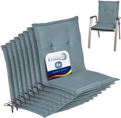 Beautissu Loft NL Stoelkussen Set 8x Lage Rugleuning 100x50 cm Duifblauw – Tuinstoelkussen UV-bestendig