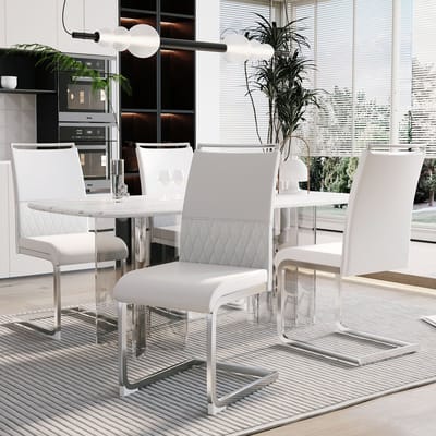 Eetkamerstoelen, set van 4, PU-leer en linnen rugleuning, hoge gestoffeerde stoel, horizontale strepen op de rugleuning, geschikt voor eetkamer, keuken, gastenkamer of kantoor, Wit