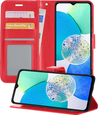 Hoesje - Met Pasjeshouder - Geschikt voor Samsung Galaxy A14 - Luxe Bookcase Portemonee - Flip Case - Kunstleer Book Case - Flipcase - Book Cover - Walletcase - Portemonneehoes - Telefoonhoesjes - Rood
