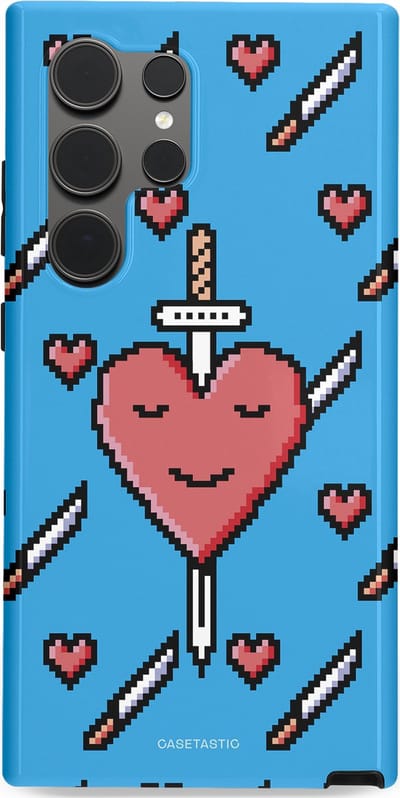 Casetastic hoesje geschikt voor Samsung Galaxy S24 Ultra - Dubbellaagse bescherming - Zwaard saga - Fashion Case - Lichtblauw Zwart Koraal