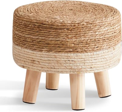 Voetkruk Natuurlijk Zeegras - Ronde Ottomaan - Ontspannen Zitten - Handgeweven Stevig Frame - 33 cm Hoog - Naturel Wit