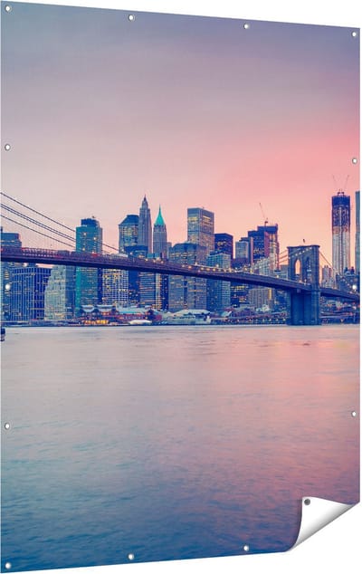 Gards Tuinposter New York Brooklyn Brug bij Zonsondergang - 120x160 cm - Tuindoek - Tuindecoratie - Wanddecoratie buiten - Tuinschilderij