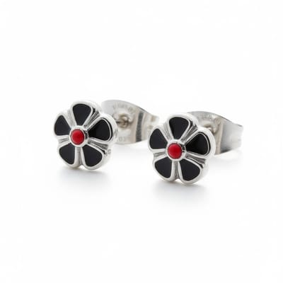 Aramat Jewels | Oorbellen | Stalen Emaille oorbellen bloem | Zwart | |7mm | Staal | Kinderen, Volwassenen | Verkleurd niet