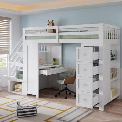 Sweiko Hoogslaper - 90 x 200 cm - Inclusief bureau - opbergrek - 4 lades - MDF + Spaanplaat - Wit