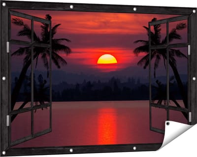 Gards Tuinposter Doorkijk Zonsondergang op het Strand met Palmbomen - 120x80 cm - Tuindoek - Tuindecoratie - Wanddecoratie buiten - Tuinschilderij