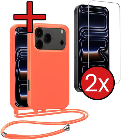 Hoesje Geschikt voor iPhone 17 Pro / 18 Pro Hoesje Siliconen Case Met Koord Met 2x Screenprotector - Hoes Geschikt voor iPhone 17 Pro / 18 Pro Hoesje Backcover Met Telefoonkoord - Papaya