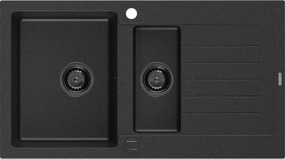Mexen Matias granieten spoelbak met 1,5 kamer en afdruiprek 900 x 505 zwart/zilver metallic, zwarte sifon - 6502901505-73-B