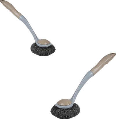 Urban Living Afwasborstel met extra brede pannen schuurspons - 2x - kunststof - beige - ophang lus - Afwas borstel