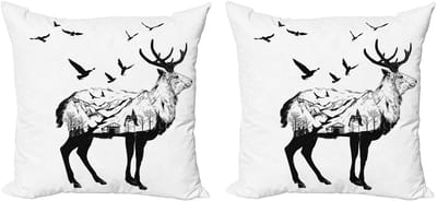 ABAKUHAUS Decoratieve kussenhoes met hertenmotief, set van 2, berg- en hutmotief, 40x40 cm, wit en zwart
