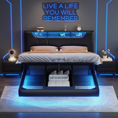 Gestoffeerd bed 160x200 cm – Hydraulisch Tweepersoonsbed met Lattenbodem, LED Verlichting, USB Stopcontact - Opbergbed met Verstelbaar Hoofdeinde – PU Zwart (zonder matras)