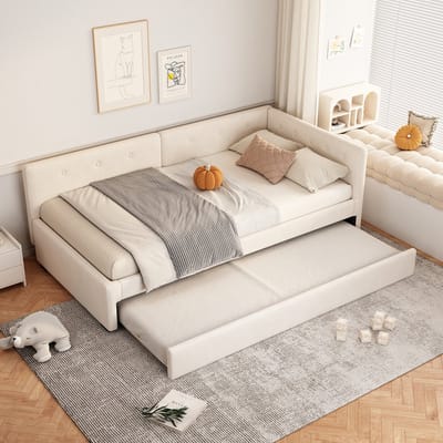DESMIU Gestoffeerd Bed 90x200cm – Uittrekbaar Rolbed – Slaapbank Met Opbergruimte Voor Slaapkamer En Woonkamer – Fluweel – Beige – Zonder Matras
