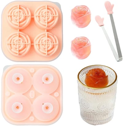 Dailygoods - Airssory Roos siliconen ijsvorm met clip, roze 3D-bloemvorm, 13,5 x 13,5 x 7 cm, flexibele antiaanbaklaag voor ijsblokjes, cocktails, chocolaatjes