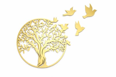 Metalen Wanddecoratie Levensboom met Vogels – 3D Wandkunst – Goud – 82 x 82 cm