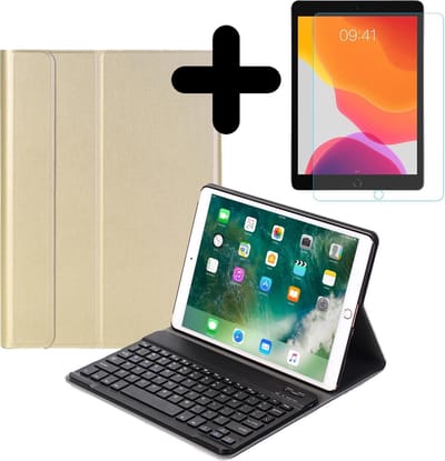 Hoes - Geschikt voor Apple iPad 7 (2019) - 10.2 inch - 7e Generatie - Met Screenprotector - Toetsenbord Case - Keyboard Book Cover - Hoesje - Goud