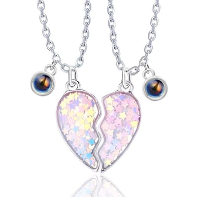 Ik hou van jou in 100 talen BFF Ketting voor 2 - Hartje met Glitters - "I LOVE YOU" Vriendschapsketting Ketting voor Twee - Magnetisch - Zilver - Pax Amare