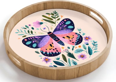 Dienblad rond 40x40 cm - Schootdienblad hout - Bloemen - Bladeren - Vlinder - Kleurrijk - Borrelplank rechthoek - Plateau houten dienbladen