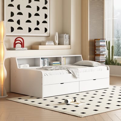 Wishdor Dagbed 90x200 cm - Met 2 Lades & Opbergvakken - Modern Minimalistisch - Ruimtebesparend - Grenen & MDF - Wit