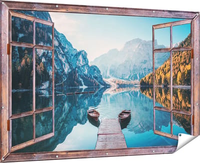 Gards Tuinposter Doorkijk Twee Bootjes op het Meer in de Bergen - 180x120 cm - Tuindoek - Tuindecoratie - Wanddecoratie buiten - Tuinschilderij