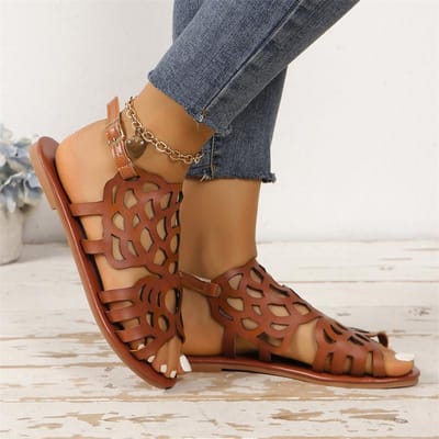 Casual Sandalen met Vissenbek Dames Etnische Stijl Zomer Gesp Nieuw Dameskleding Plat Europees Buiten Strand Holle Schoenen 41