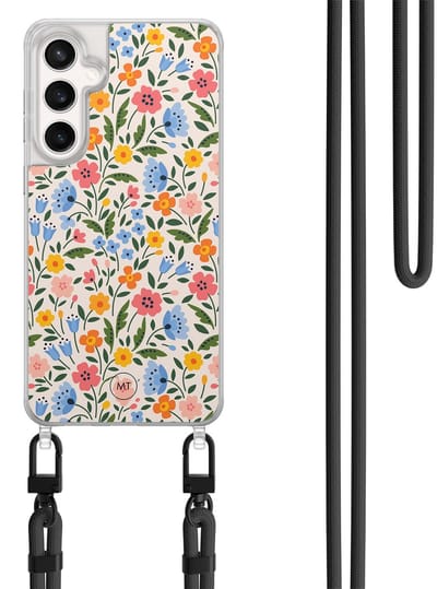 Hoesje met koord geschikt voor Samsung Galaxy S24 FE - Romantische bloemen - Inclusief Zwart koord - Crossbody beschermhoes - Transparant, Multi - Mooie Telefoonhoesjes