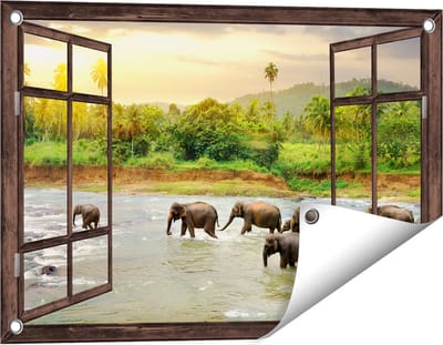 Gards Tuinposter Doorkijk Kudde Olifanten in het Water - 60x40 cm - Tuindoek - Tuindecoratie - Wanddecoratie buiten - Tuinschilderij