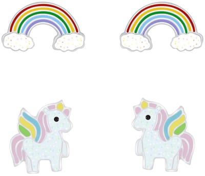 Joy|S - Zilveren eenhoorn oorbellen - set 2 paar - Regenboog oorbellen - unicorn oorbellen